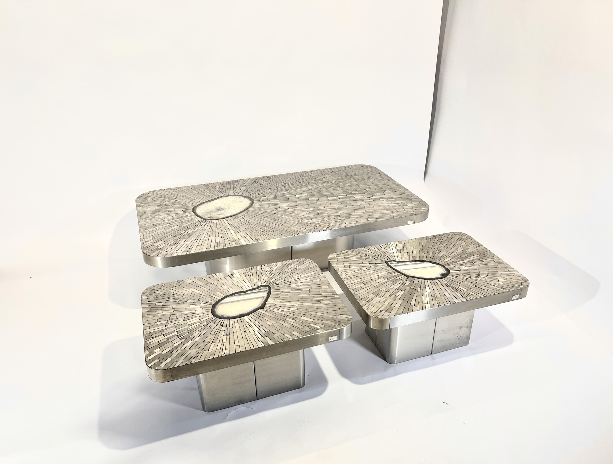 Pair of Side Table mosaic stainless steel and agate by Stan Usel