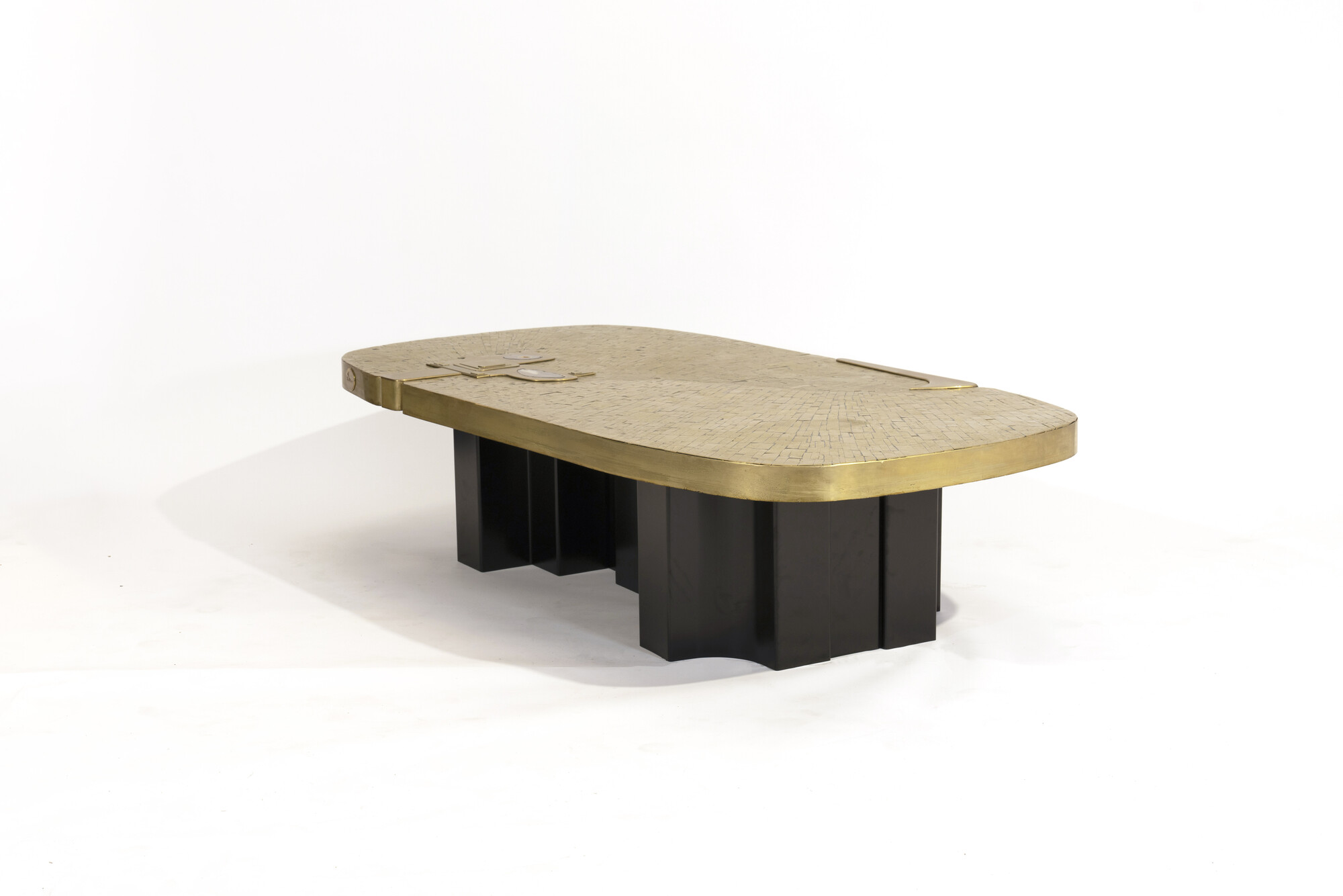 Coffee Table in mosaic brass and agates by Jean Claude Dresse.