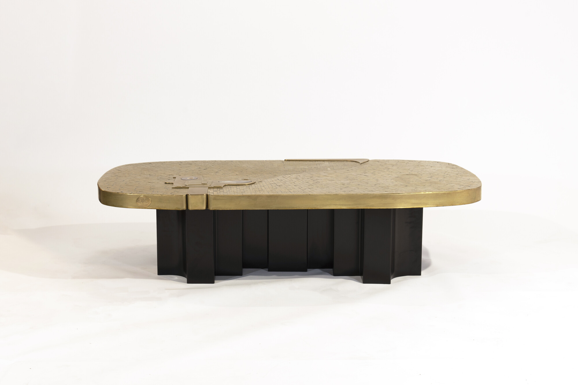 Coffee Table in mosaic brass and agates by Jean Claude Dresse.