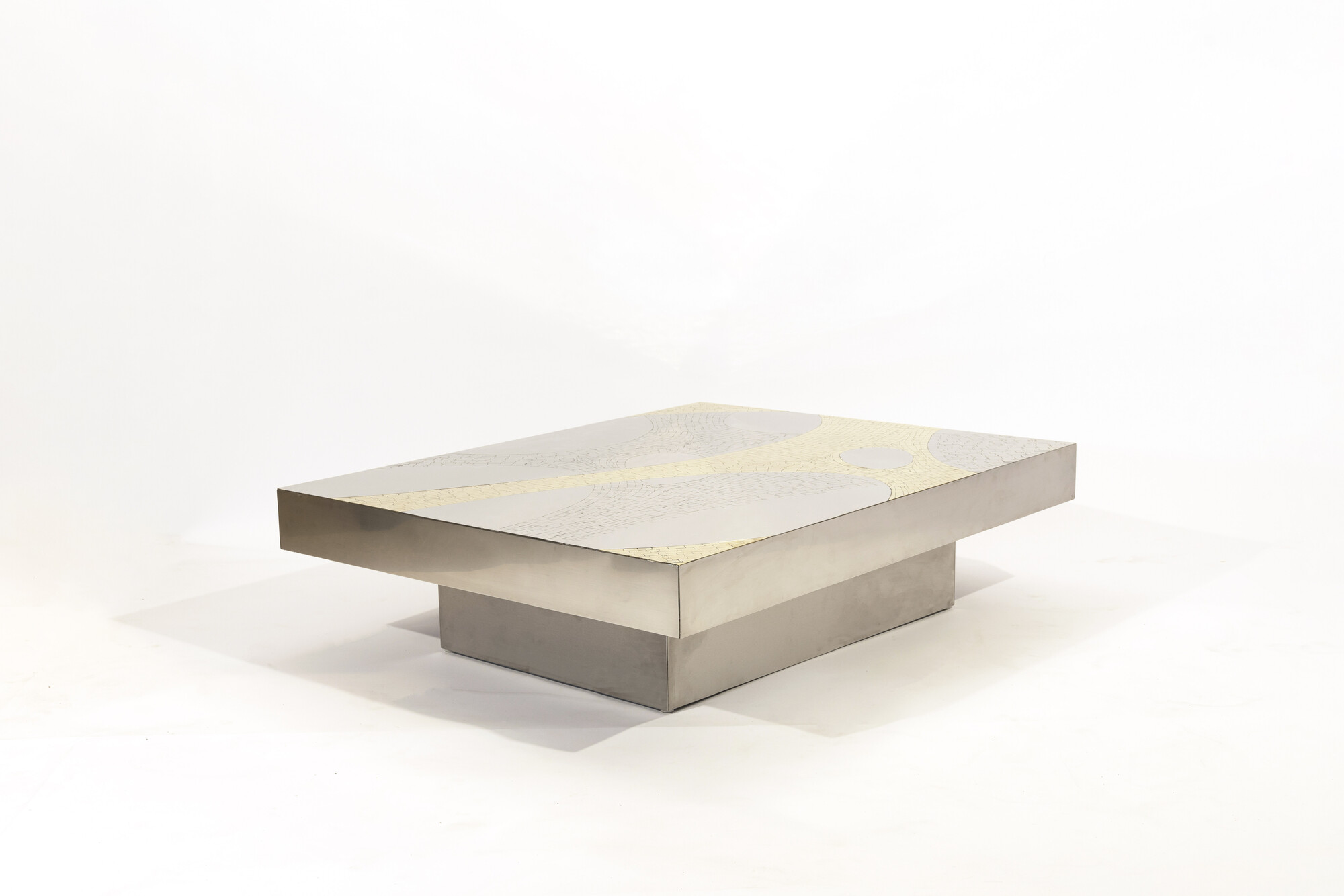 Coffee Table rectangular in mosaic brass, stainless steel by Jean Claude Dresse