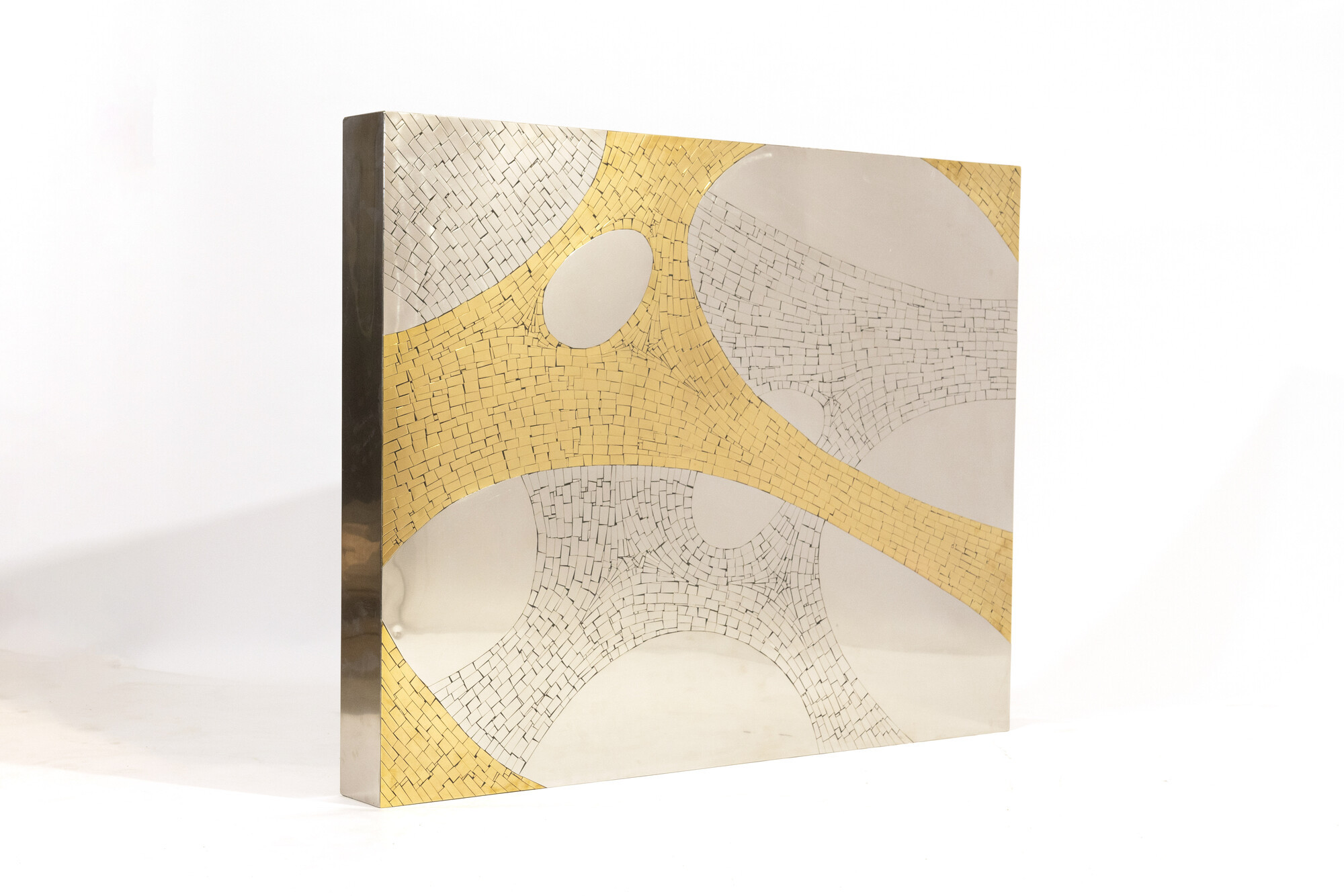 Coffee Table rectangular in mosaic brass, stainless steel by Jean Claude Dresse