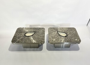 Pair of Side Table mosaic stainless steel and agate by Stan Usel