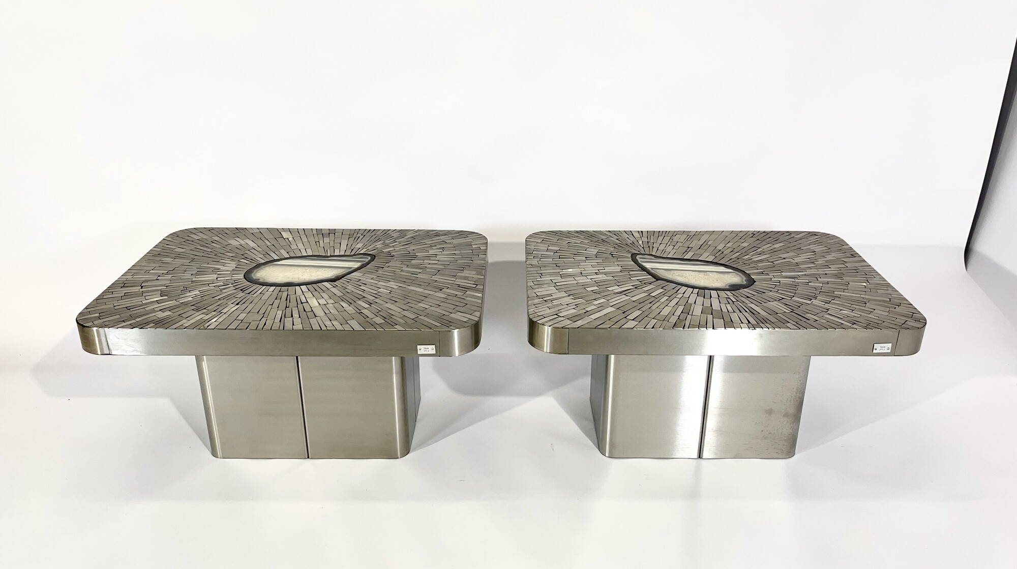 Pair of Side Table mosaic stainless steel and agate by Stan Usel