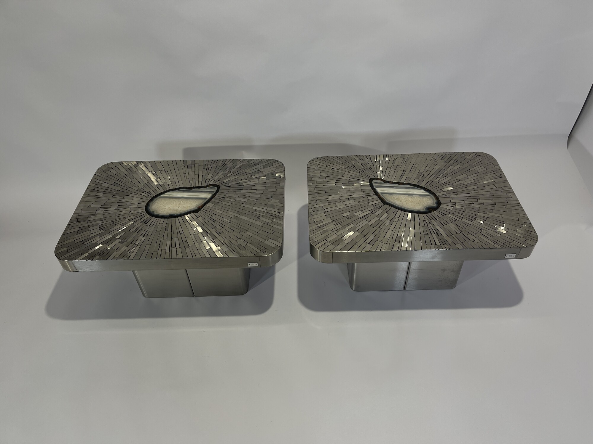 Pair of Side Table mosaic stainless steel and agate by Stan Usel