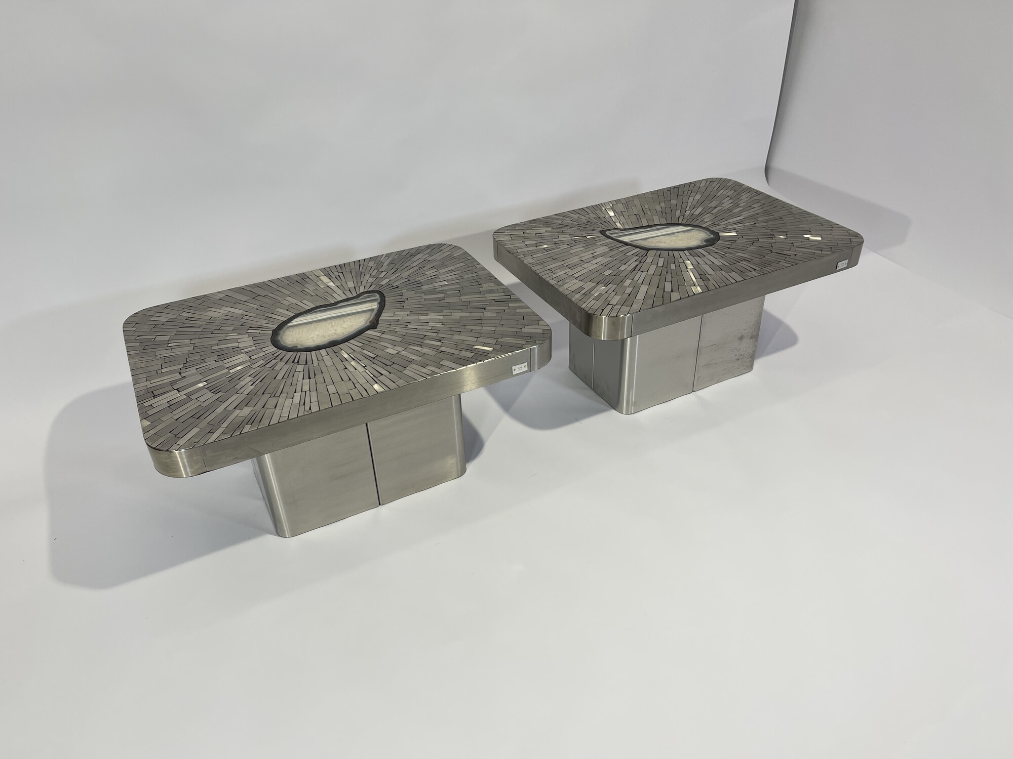 Pair of Side Table mosaic stainless steel and agate by Stan Usel