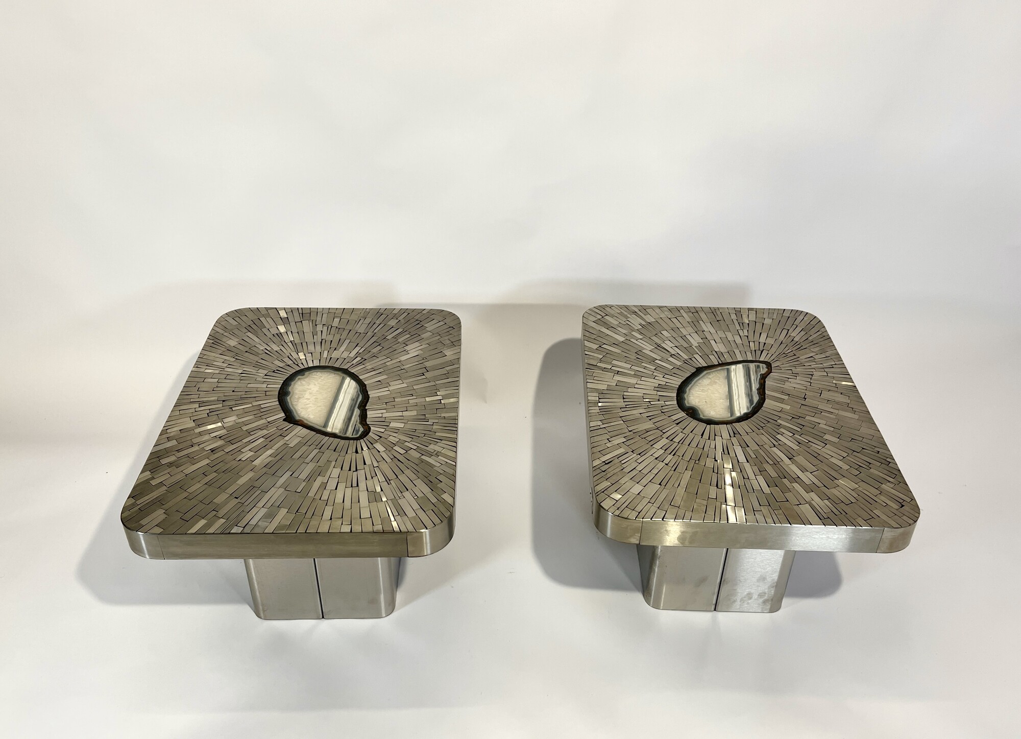 Pair of Side Table mosaic stainless steel and agate by Stan Usel