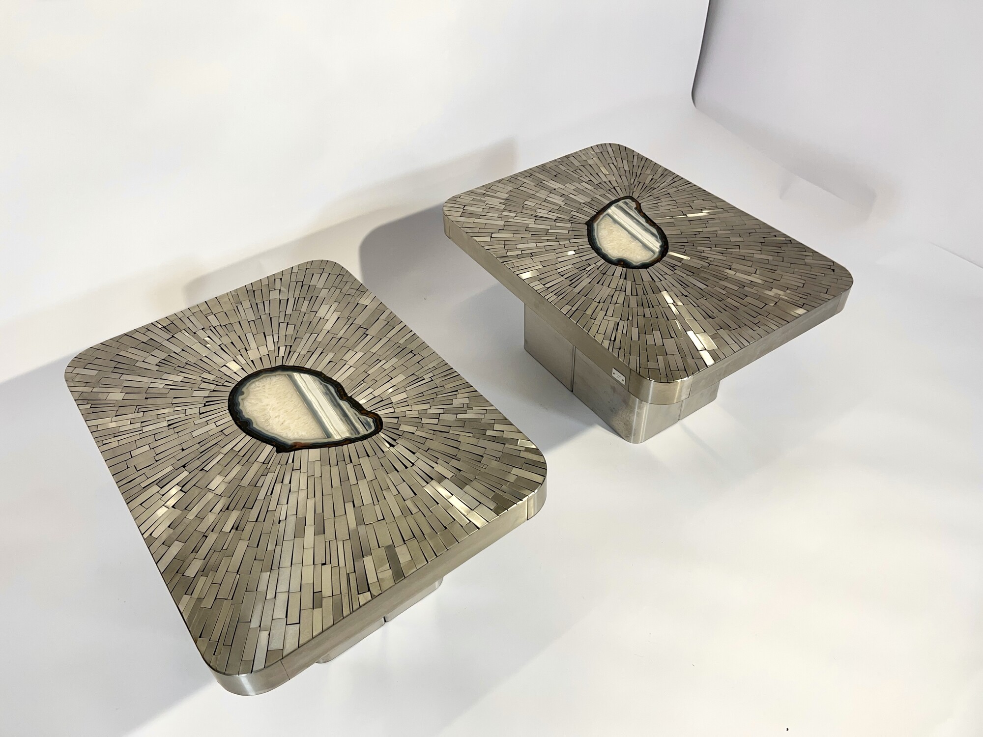 Pair of Side Table mosaic stainless steel and agate by Stan Usel